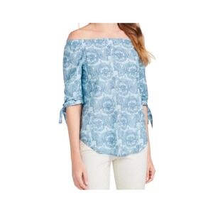 J. McLaughlin Silk Blend Blouse Off Shoulder Tie Sleeve Paisley Natasha Lineside